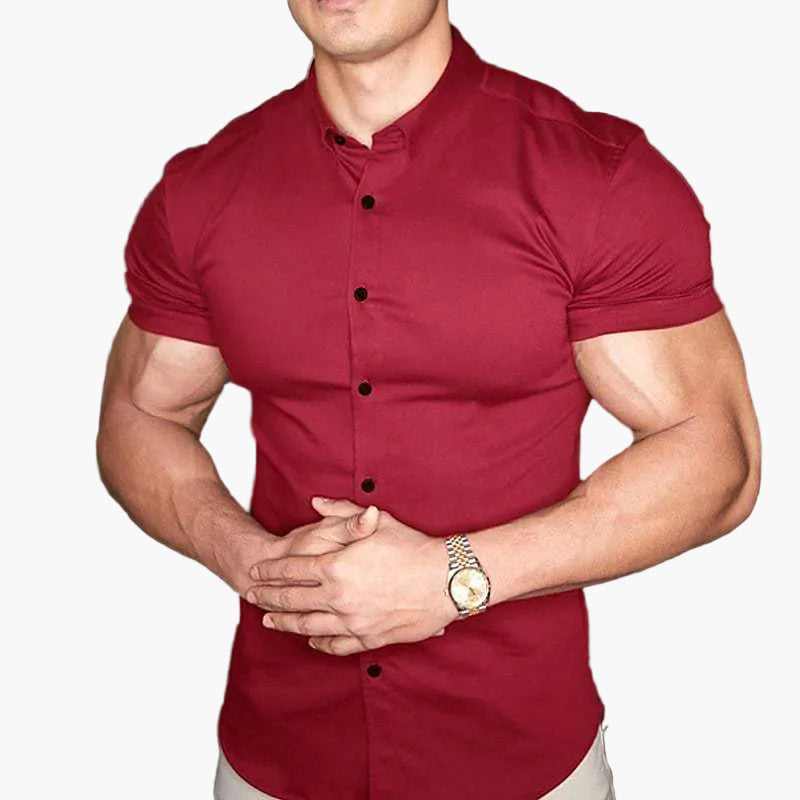Męska bordowa koszula slim fit z krótkim rękawem Michał