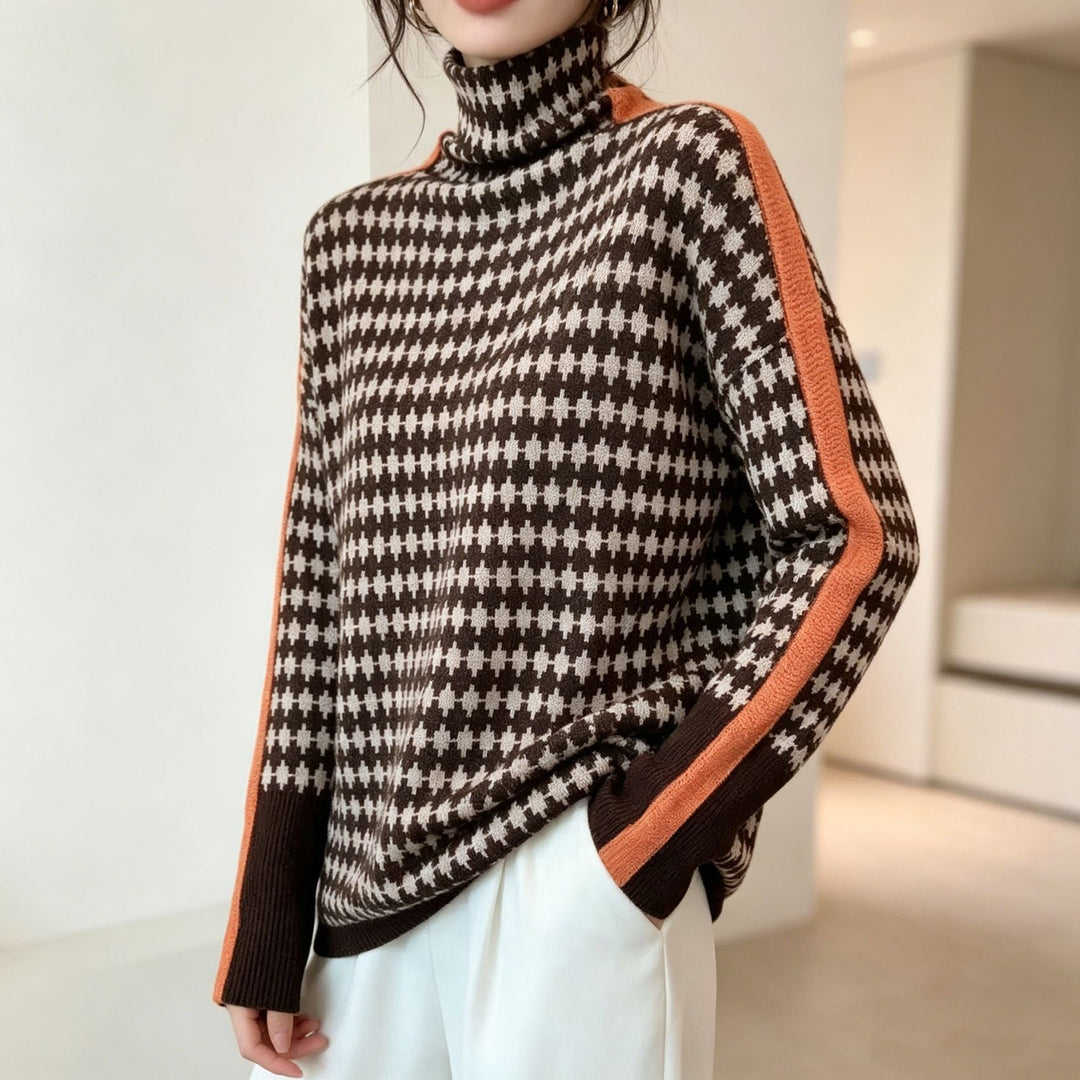 Stylowy sweter damski z golfem, jodełka i kontrastowe paski, jesienna moda