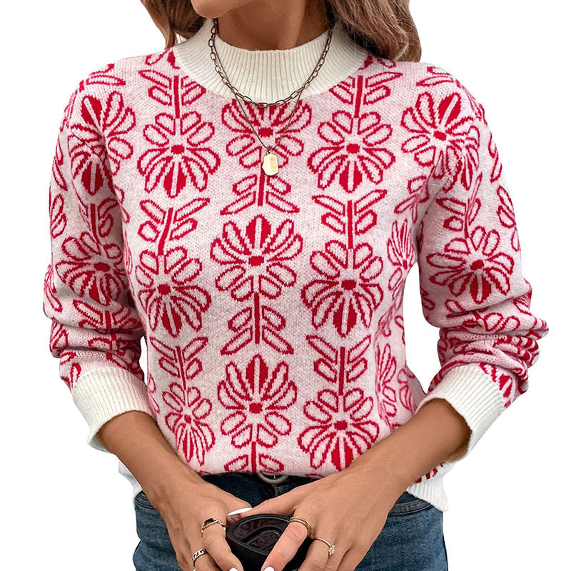 Stylowy czerwony sweter z motywem kwiatowym na jesienne dni