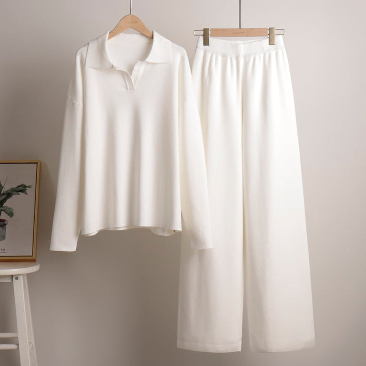 Damski komplet loungewear ze swetrem polo i długimi szerokimi spodniami