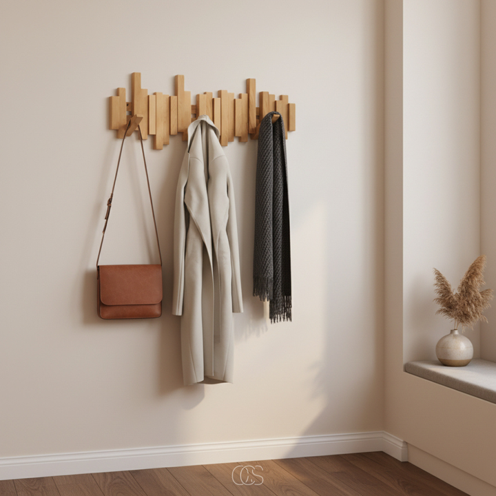 Designerski drewniany wieszak do przedpokoju w minimalistycznym wnętrzu