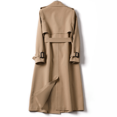 Elegancki płaszcz damski khaki w stylu vintage prezentowany z tyłu