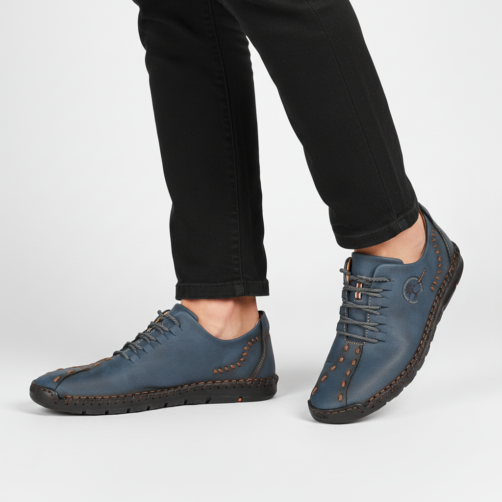 Męskie sneakersy ortopedyczne Raymond z boku, brązowe skórzane buty codzienne