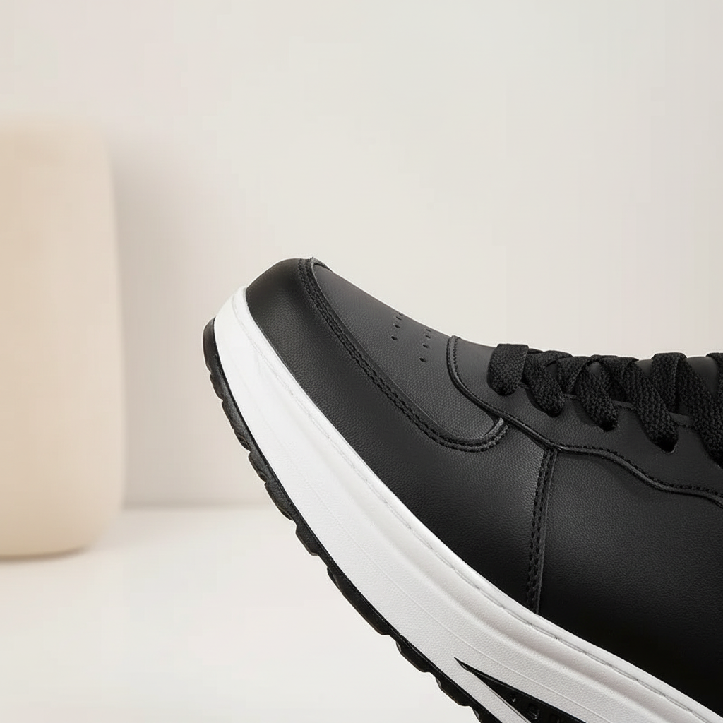 Zbliżenie na wykończenie i podeszwę czarnych sneakersów