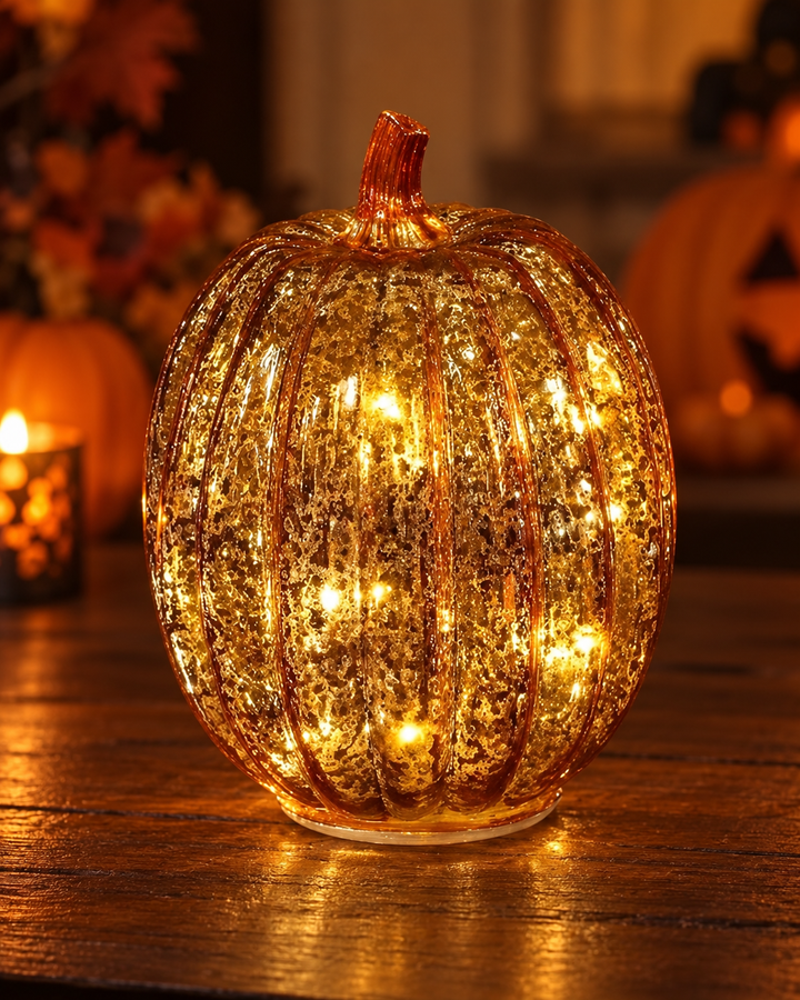 Świecąca lampa dynia na Halloween ze szkła, klimatyczne oświetlenie dekoracyjne wnętrza