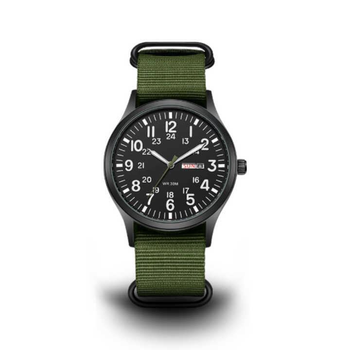 Zbliżenie na zielono-czarny zegarek męski w stylu militarnym