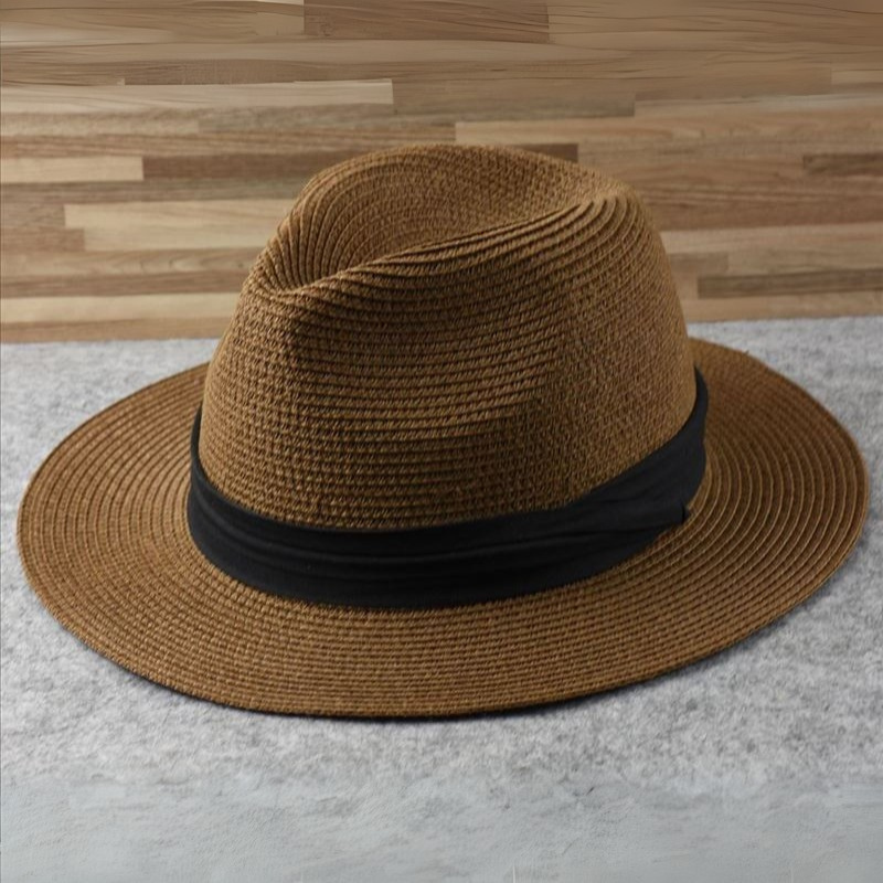Pleciony kapelusz letni fedora w stylu panamy od góry, widok na splot
