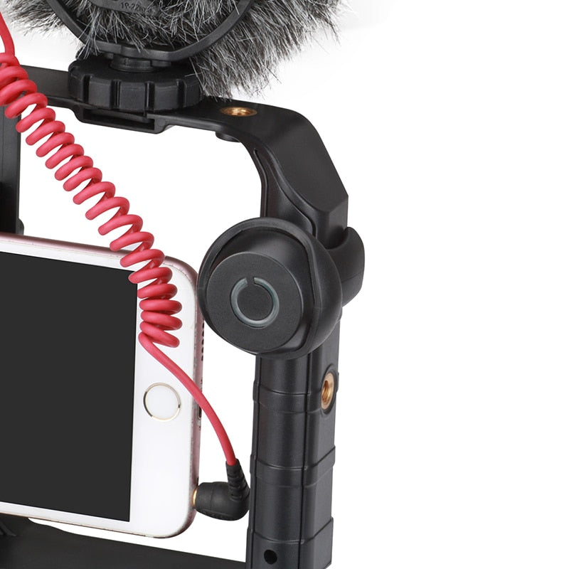 Rig do telefonu z oświetleniem LED pokazany w konfiguracji pionowej do social mediów