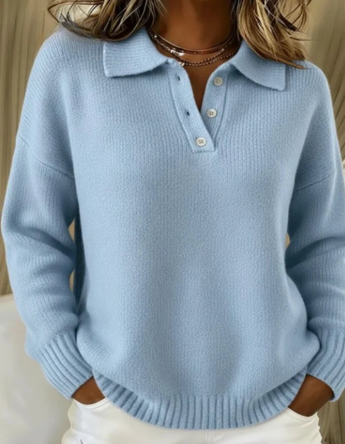 Niebieski damski sweter polo z kołnierzykiem