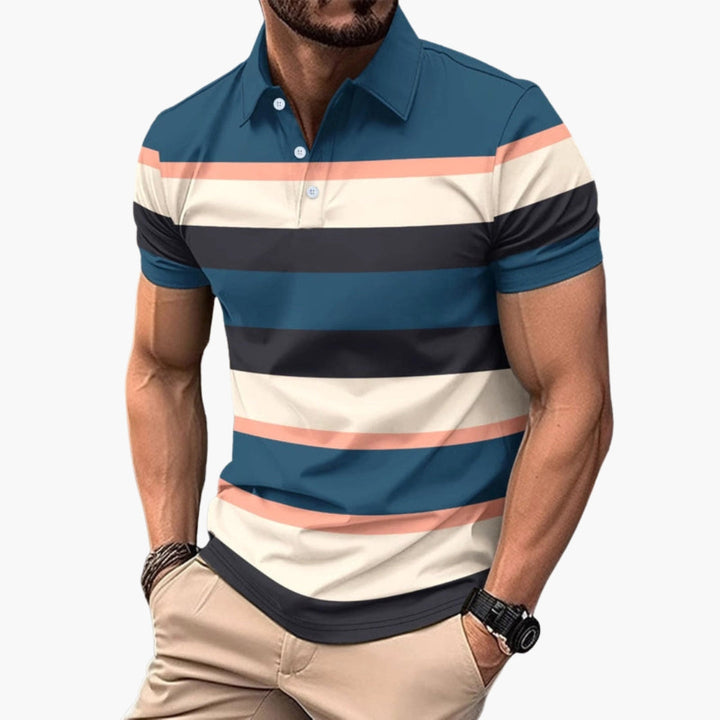 Elegancka męska koszulka polo w paski, styl smart casual