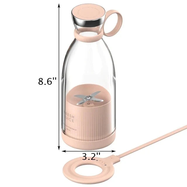 Różowy blender USB z podkładką ładującą i wymiarami