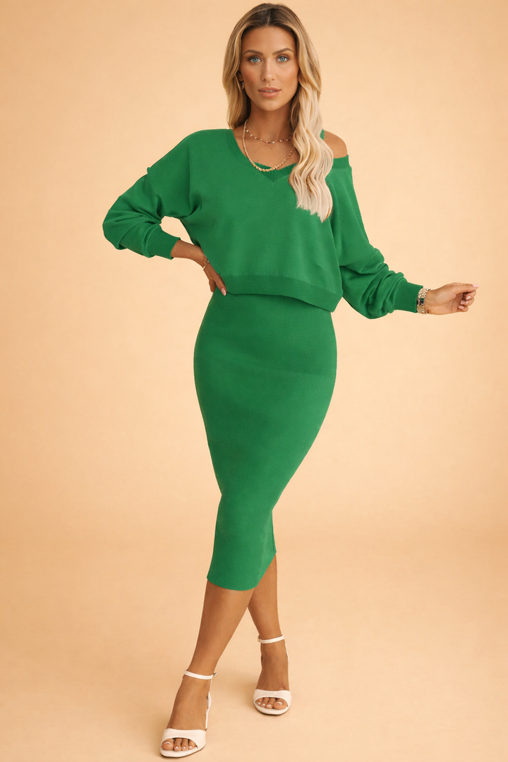 Modny zestaw damski: elegancka bluza z dekoltem V i spódnica midi