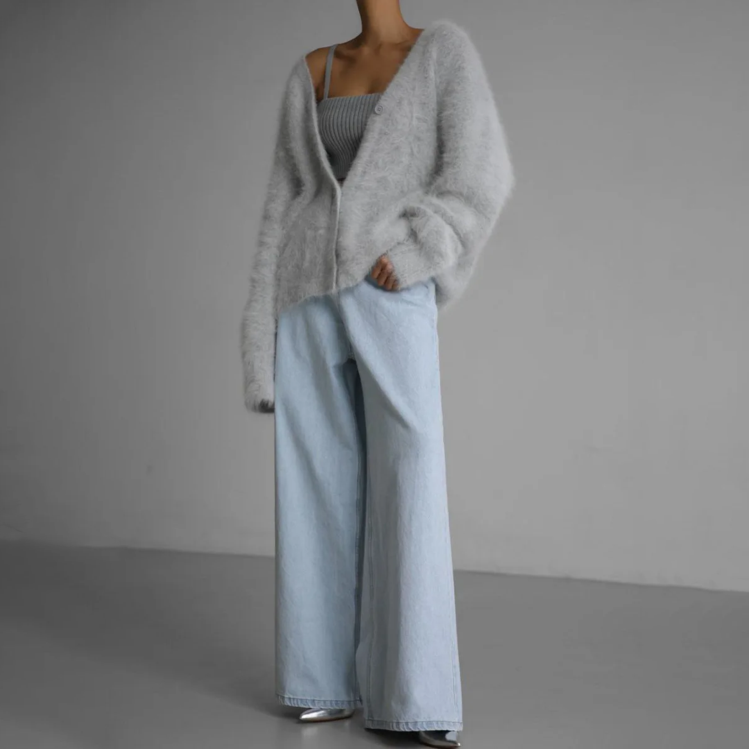 Elegancki sweter damski oversize, szary kardigan z miękkiej dzianiny