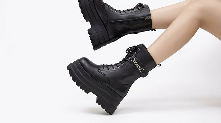 Moda damska: czarne buty na platformie zestawione z podeszwą traktor