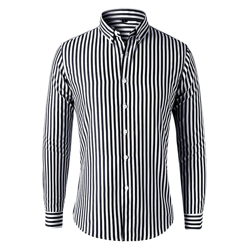Męska czarna koszula w białe pionowe paski o kroju slim fit