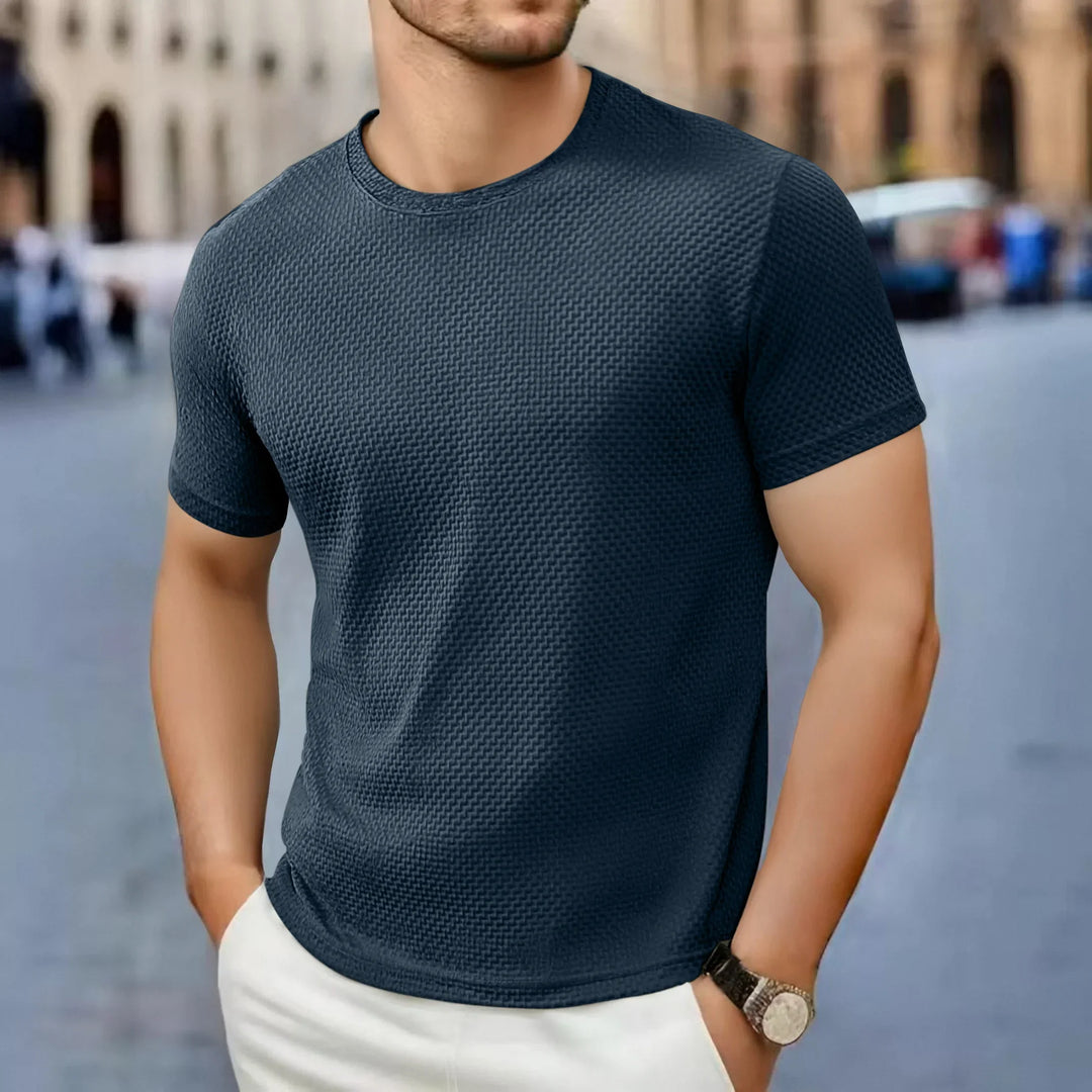 Męski t-shirt z fakturą w kolorze ciemnozielonym z okrągłym dekoltem