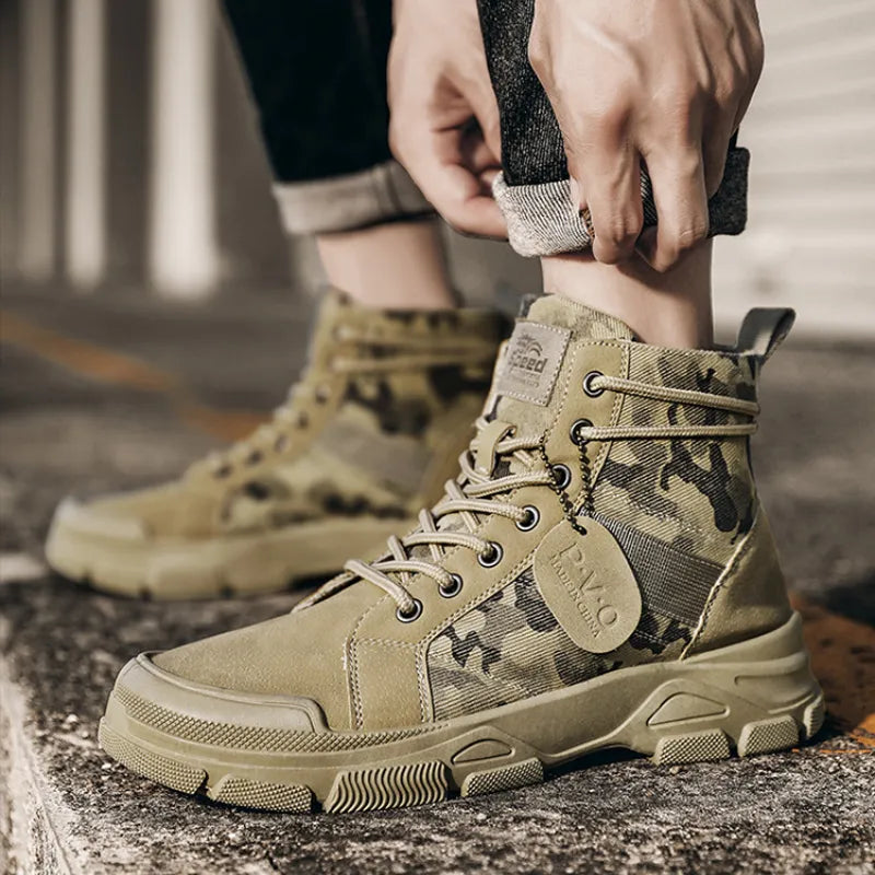 Wysokie buty wojskowe męskie w kamuflażu, podeszwa antypoślizgowa