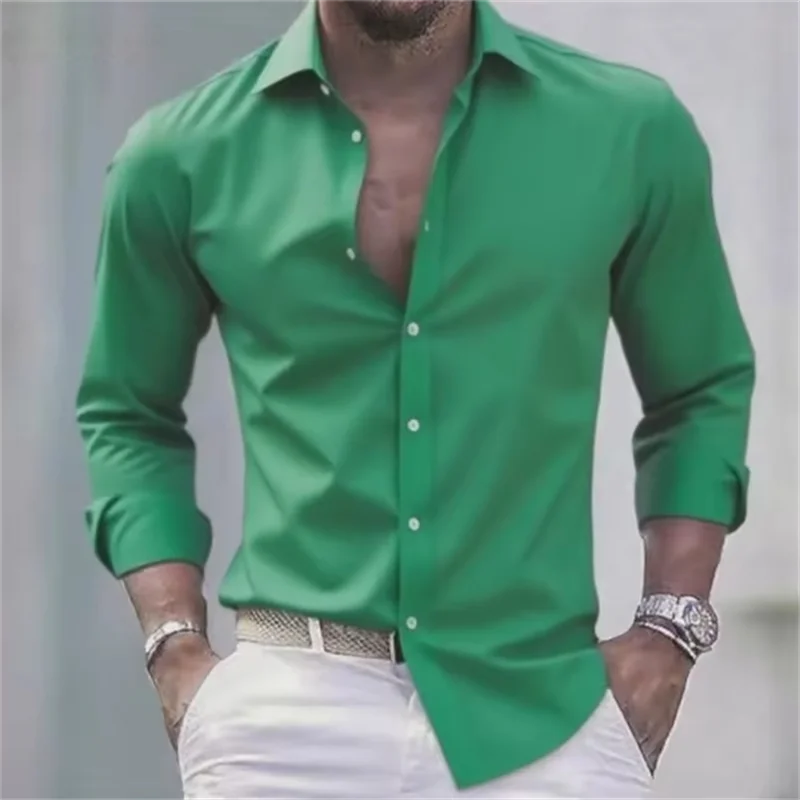 Mężczyzna w eleganckiej zielonej koszuli z długim rękawem