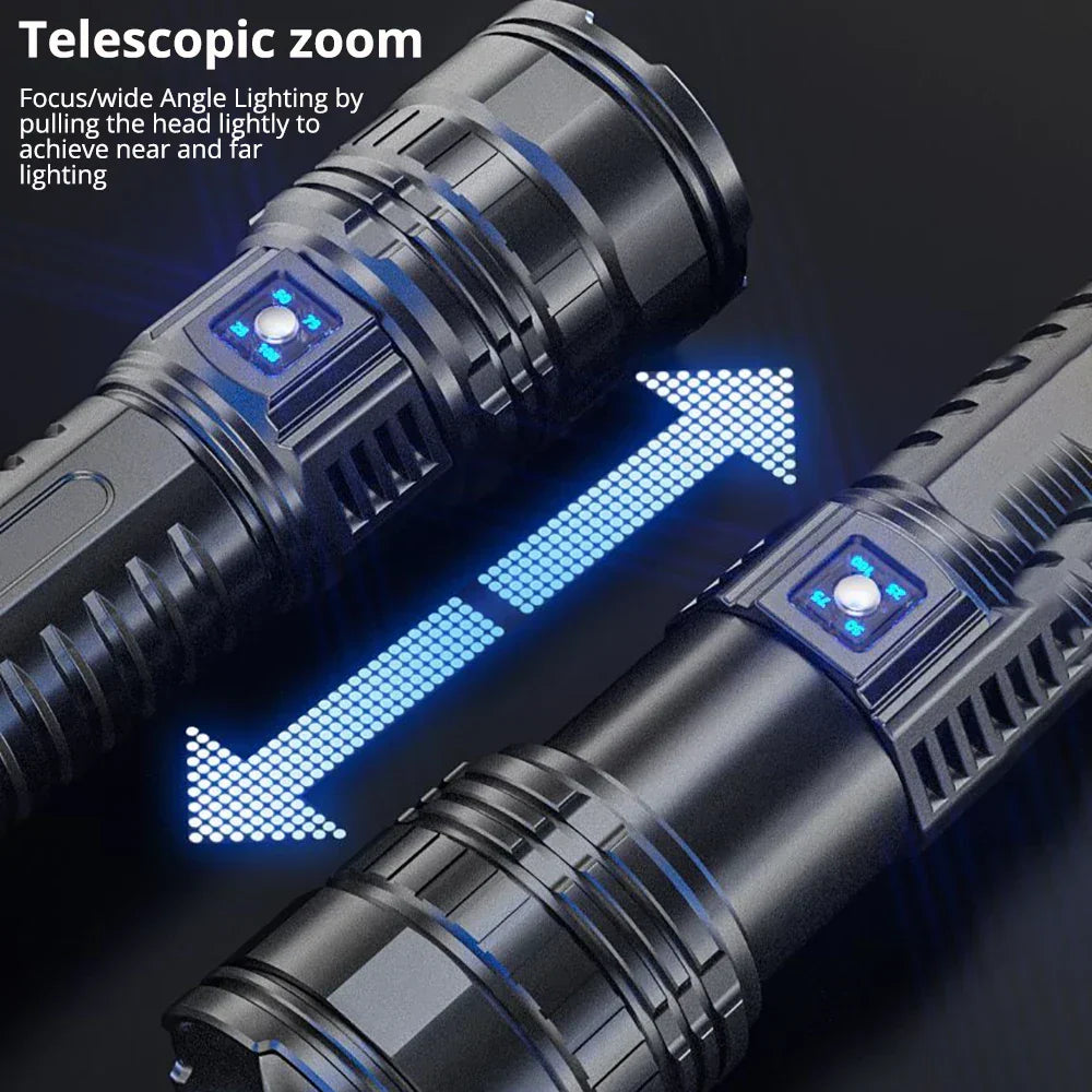 Zbliżenie na teleskopowy zoom latarki LED z wizualizacją regulacji wiązki