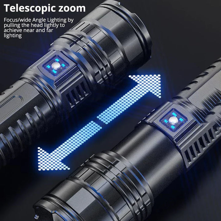 Zbliżenie na teleskopowy zoom latarki LED z wizualizacją regulacji wiązki