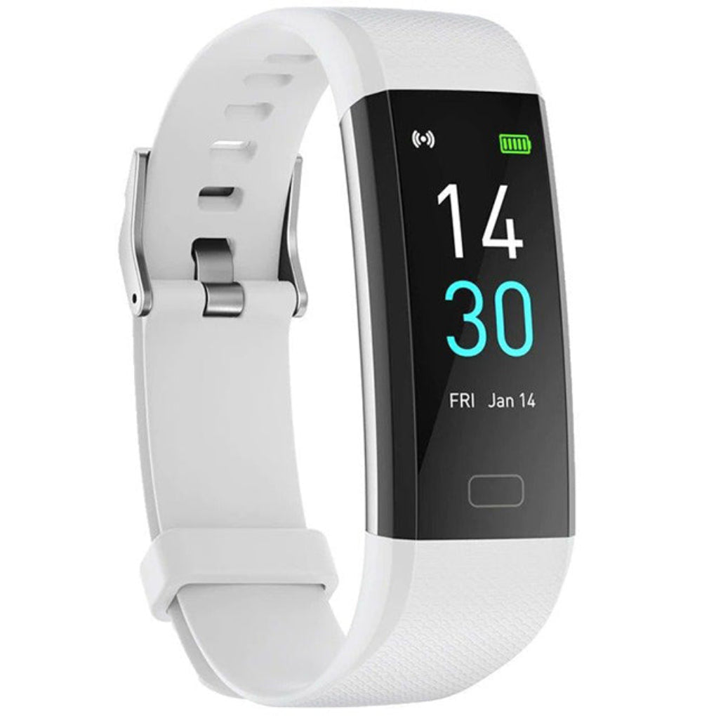 Biały smartwatch z widoczną godziną i wskaźnikiem baterii