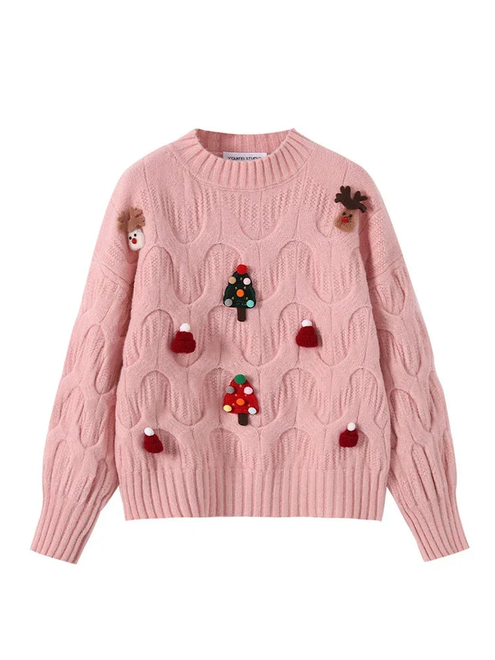 Różowy zimowy sweter damski z aplikacjami o świątecznym designie