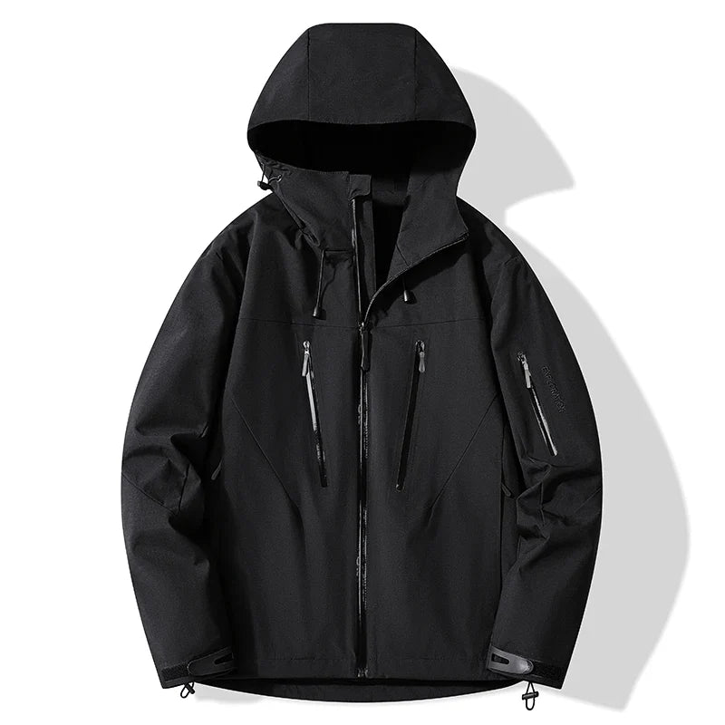 Czarna kurtka przeciwdeszczowa unisex z kapturem i zamkami