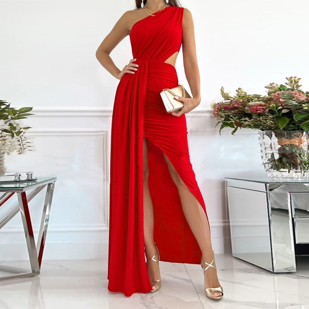 Elegancka sukienka maxi wizytowa z ozdobnym krojem na jedno ramię, tył