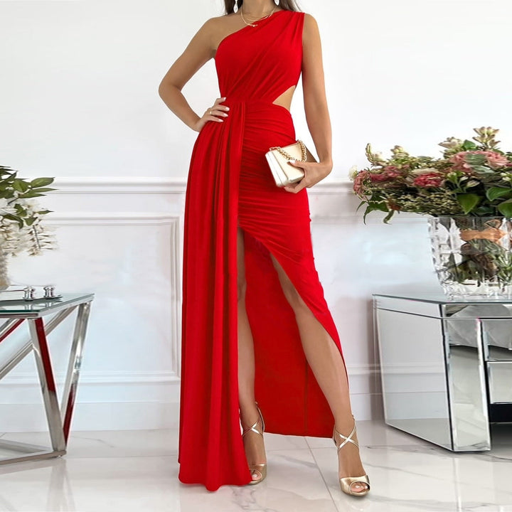 Elegancka sukienka maxi wizytowa z ozdobnym krojem na jedno ramię, tył