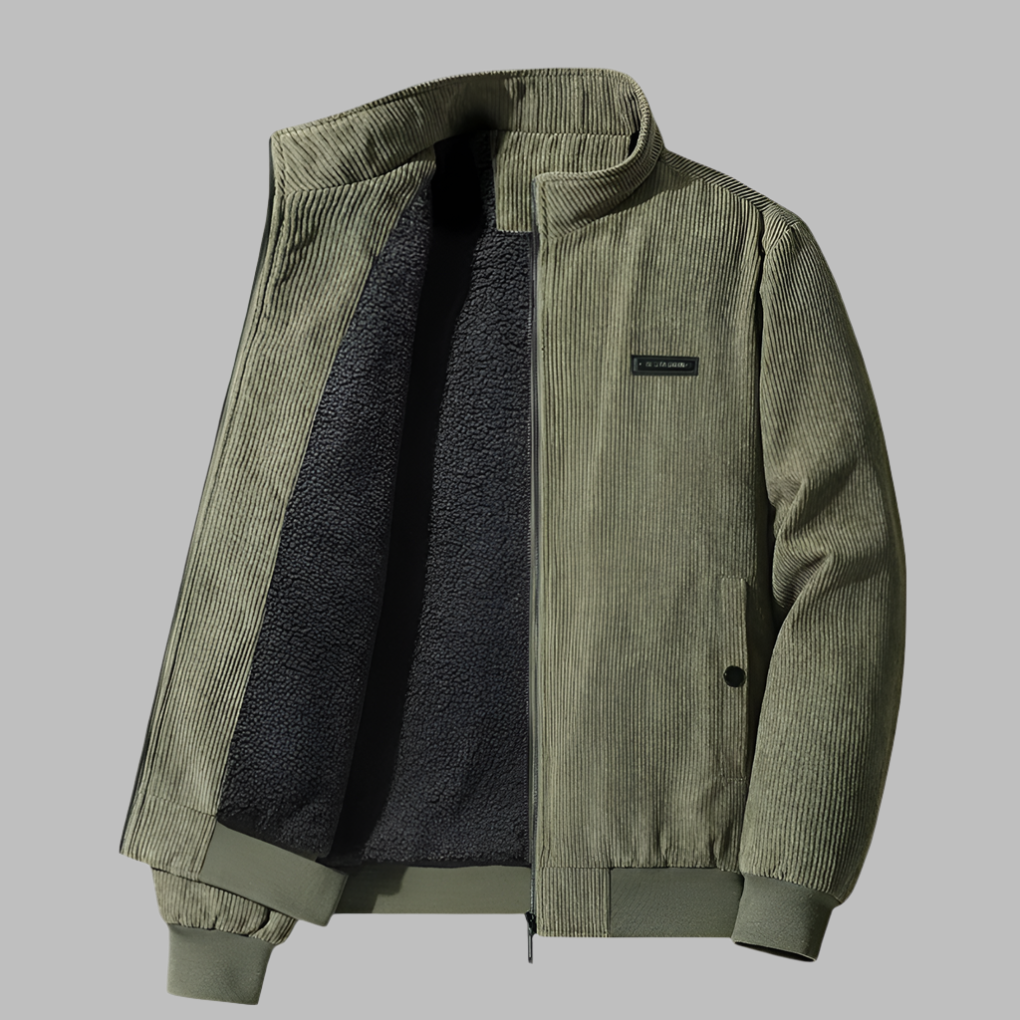 Męska zimowa kurtka sztruksowa ze stójką w stylu smart casual, widok z tyłu