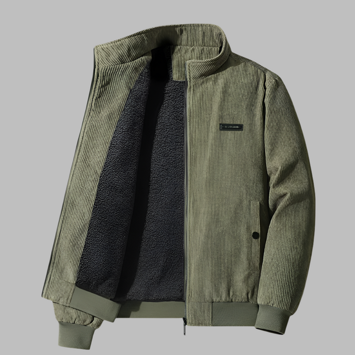 Męska zimowa kurtka sztruksowa ze stójką w stylu smart casual, widok z tyłu