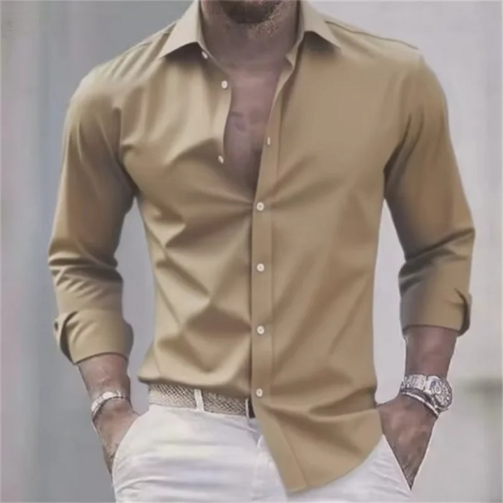 Męska koszula slim fit z długim rękawem, elegancka koszula do pracy w jednolitym kolorze