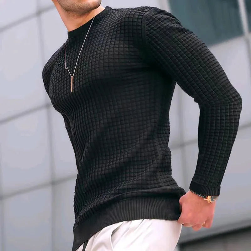 Męski czarny sweter slim fit z fakturowanym wzorem