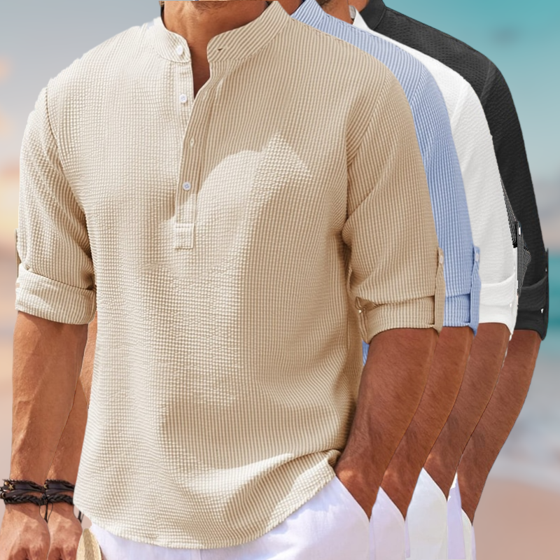 Męska koszula casual z rękawem 3/4 i dekoltem henley w modnej odsłonie na co dzień