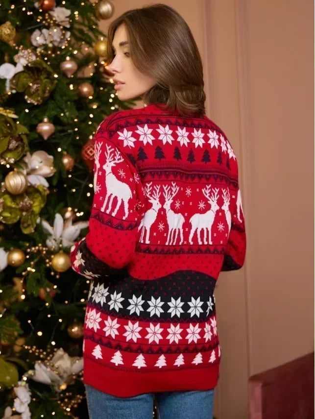 Czerwony świąteczny sweter unisex z reniferami na zimowe dni