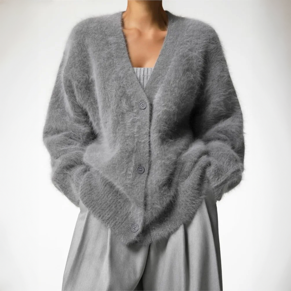 Szary damski kardigan oversize, miękki sweter na jesień w stylizacji