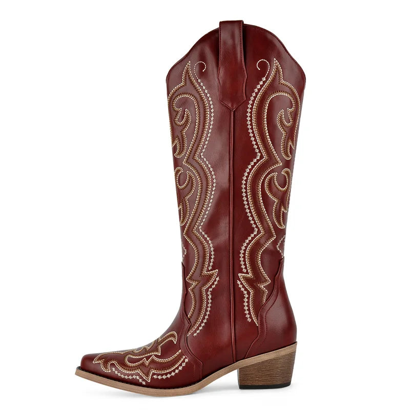Modne buty western damskie z ozdobnym haftem, wysokie do kolan