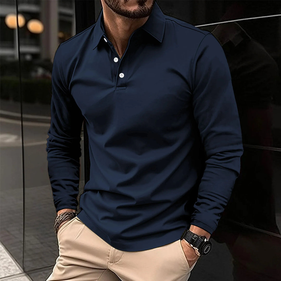 Męskie polo z długim rękawem w eleganckim stylu smart casual, widok z tyłu