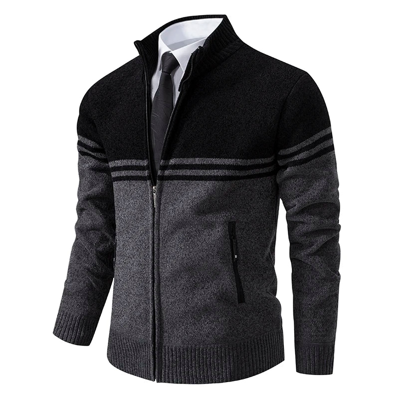 Czarny modny sweter męski na zamek ze stójką, styl casual