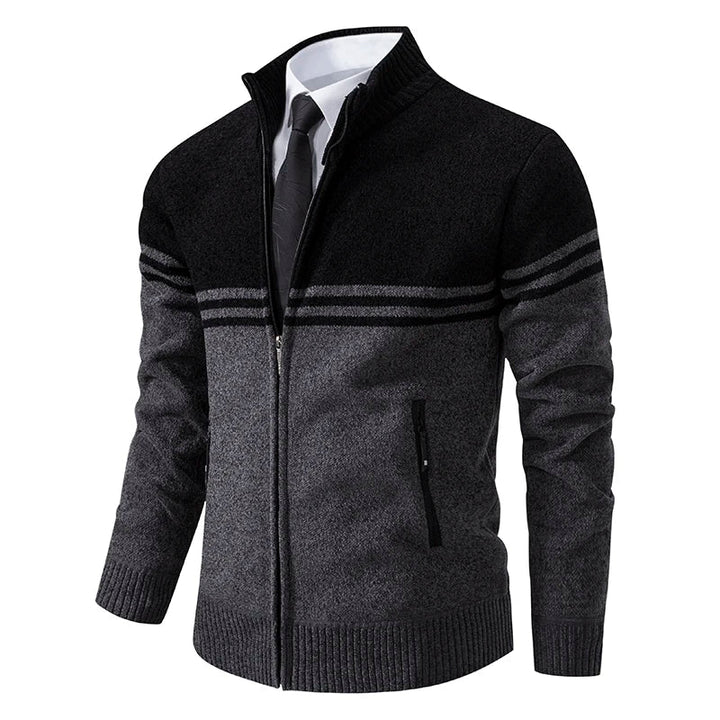 Czarny modny sweter męski na zamek ze stójką, styl casual