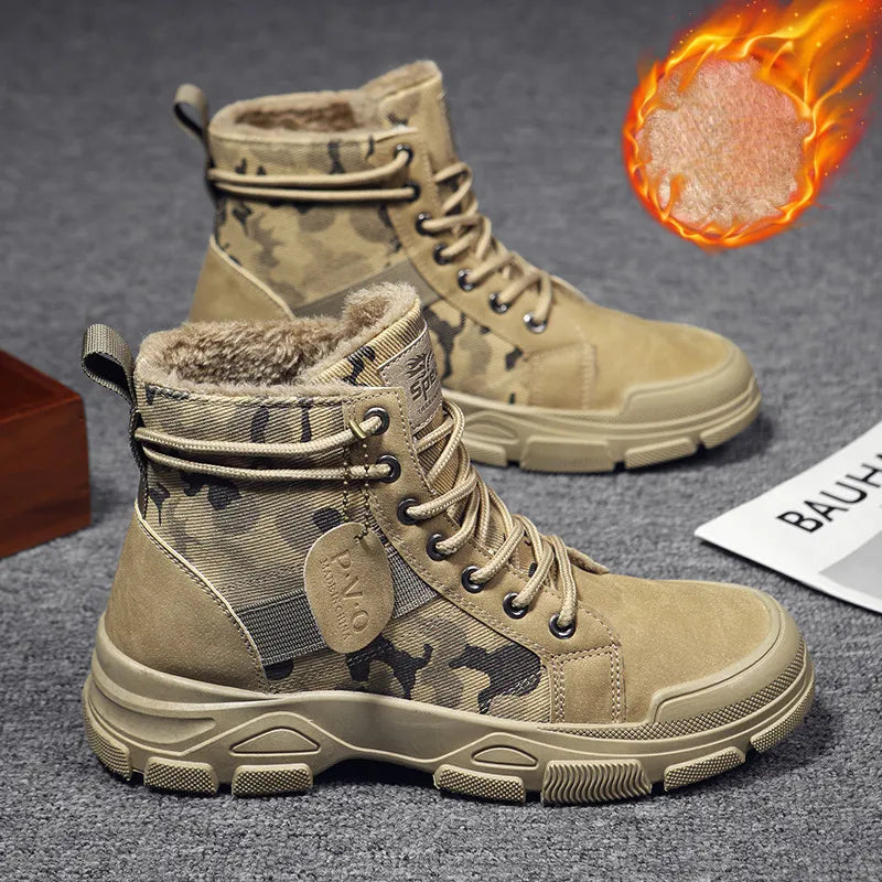 Ocieplane męskie buty wojskowe w odcieniu khaki z widocznym ciepłym wnętrzem