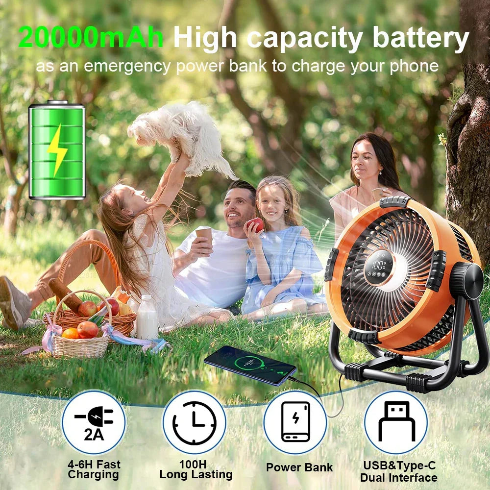 Przenośny wentylator turystyczny z funkcją powerbank i oświetleniem LED w plenerze