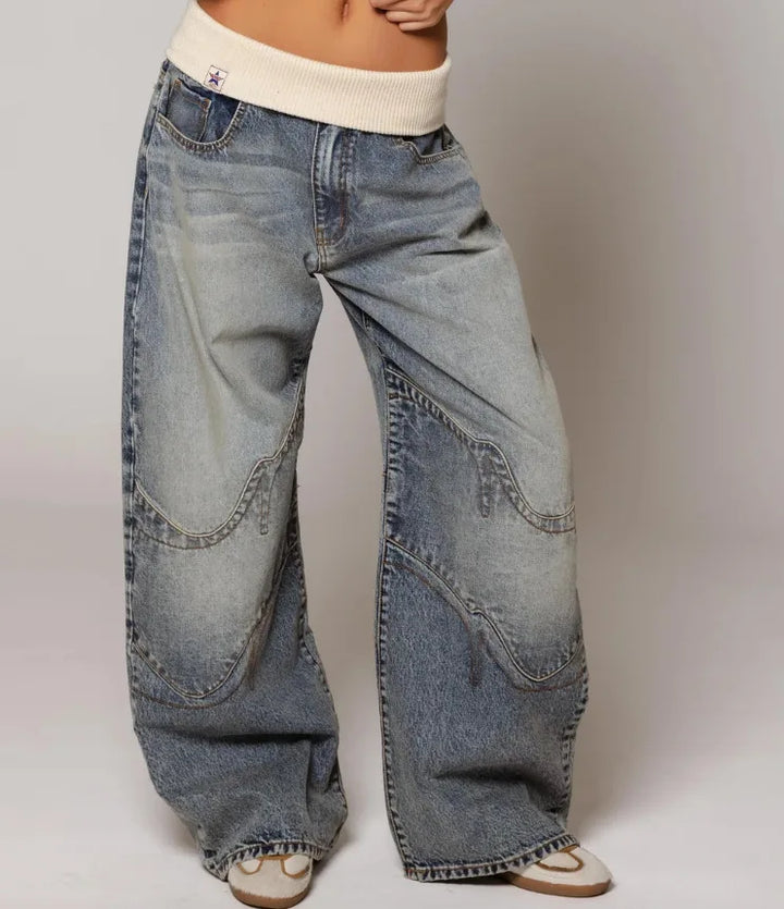Modne jeansy damskie szerokie nogawki styl Y2K streetwear z tyłu