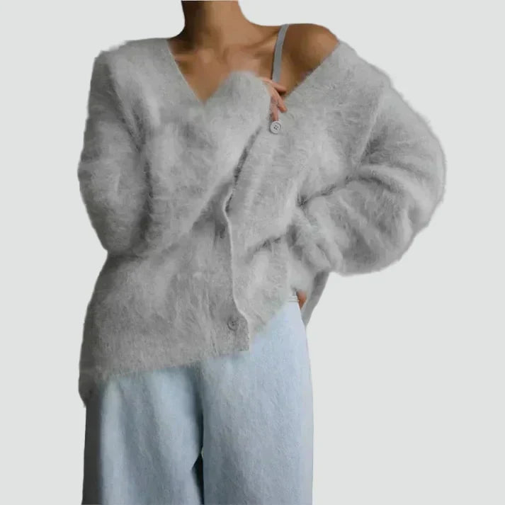 Damski kardigan oversize w serek, puszysty sweter z guzikami