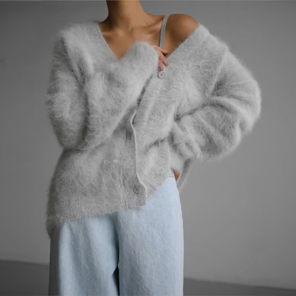 Damski kardigan oversize, modny szary sweter na chłodne dni