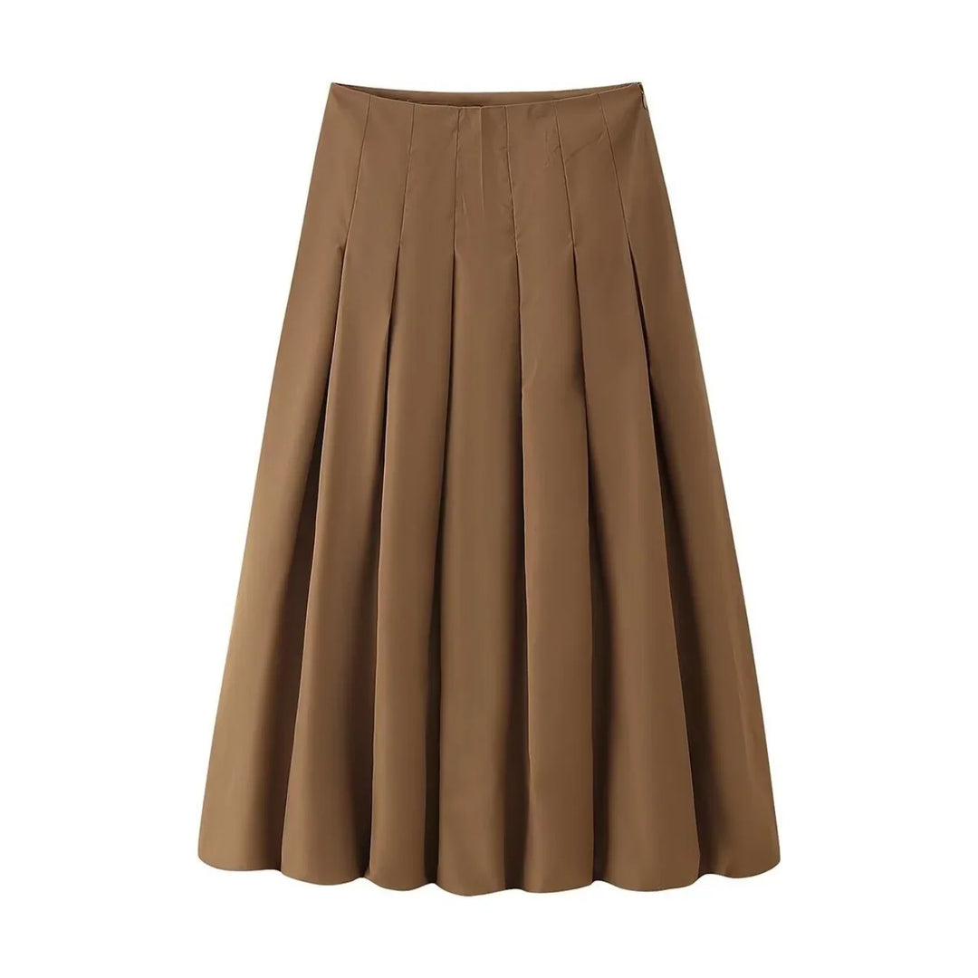 Elegancka damska spódnica midi z plisami w kolorze brązowym