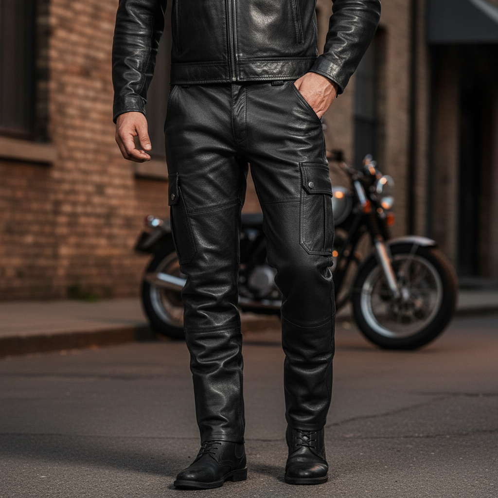 Mężczyzna stojący na ulicy w czarnych skórzanych spodniach motocyklowych Daryl obok motocykla