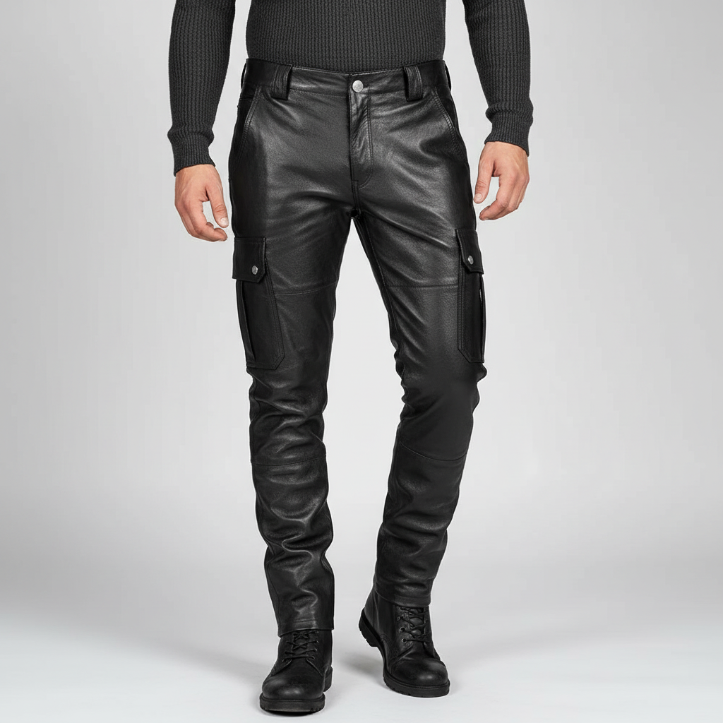 Prezentacja męskich czarnych skórzanych spodni motocyklowych Daryl na jasnym tle
