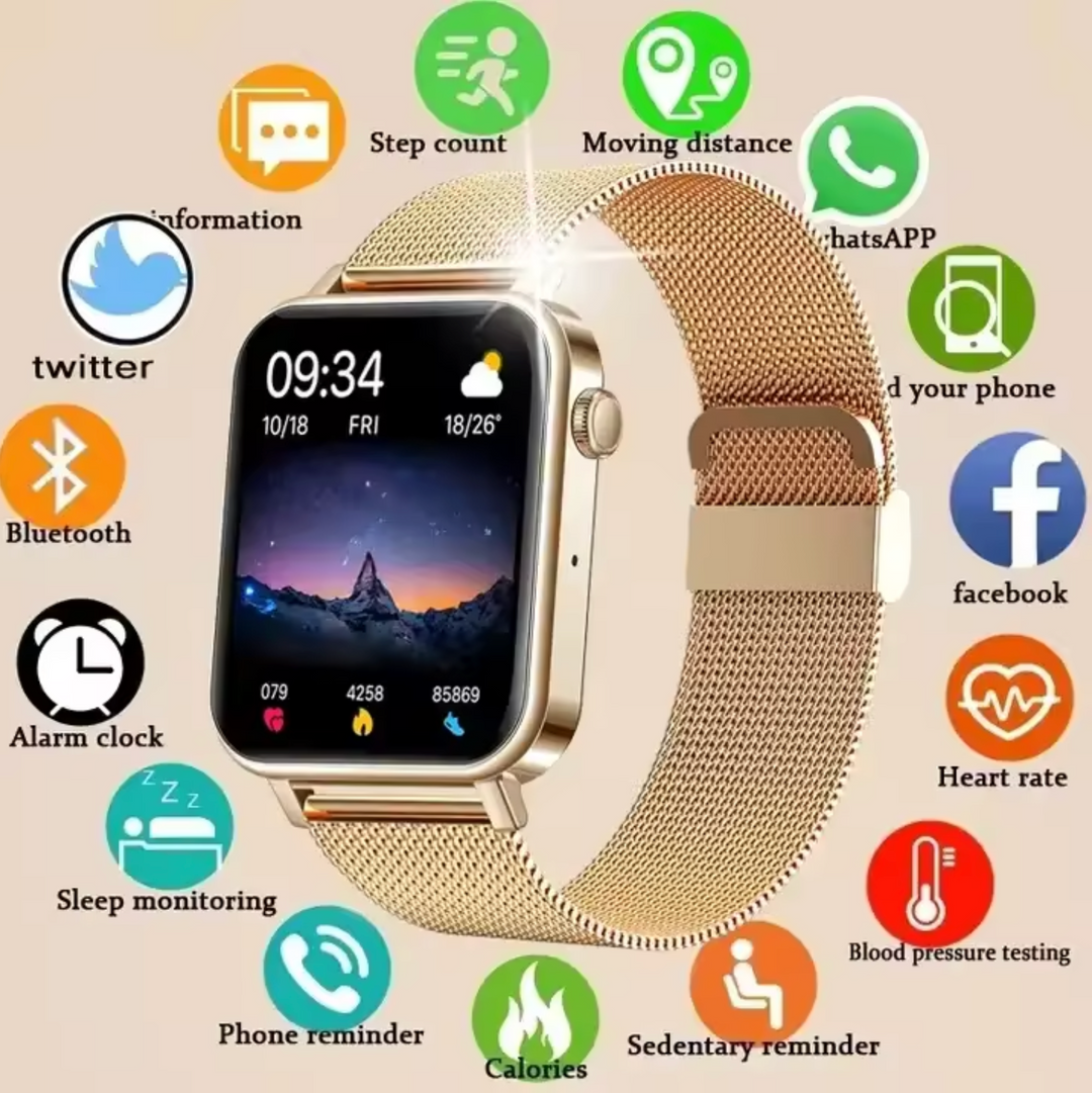 Złoty damski smartwatch z ikonami funkcji zdrowotnych wokół koperty