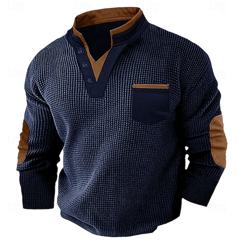 Męski sweter henley z długim rękawem i małą kieszonką na piersi